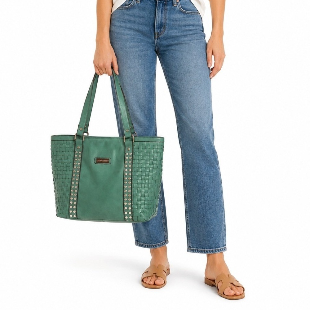 Coco + Carmen Seafoam Woven Side Studded Leather Tote/Shoulder Bag Green One Sz